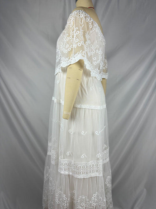 fotobeyou White Off Shoulder Lace Tiered Boat Neck Flowy Elegant Maternity Photoshoot Dress