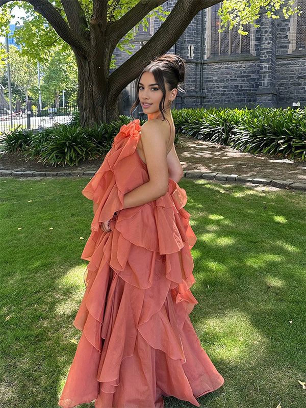 Orange Cake Ruffle 3D Flower Backless Baby Shower Maternity Maxi Dress