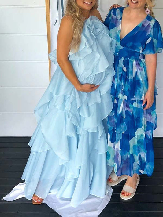 Blue Cake Ruffle 3D Flower Backless Baby Shower Maternity Maxi Dress