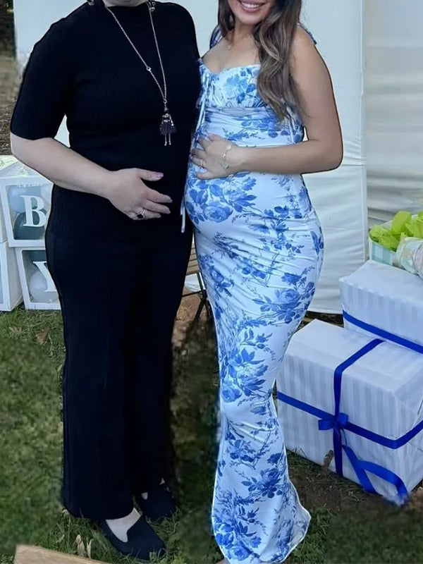 fotobeyou Lace-up Spaghetti Strap Stamp Duty Party Banquet Baby Shower Maternity Photoshoot Maxi Dress