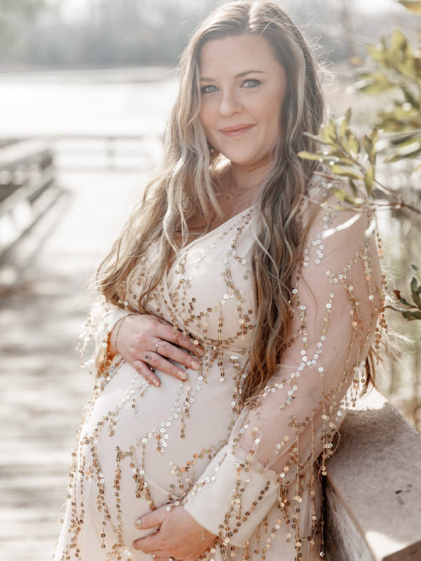 fotobeyou Apricot Sequin Tassel Tulle Ruched Cross Chest Multi Way Tie Back V-neck Elegant Boho Photoshoot Maternity Maxi Dress