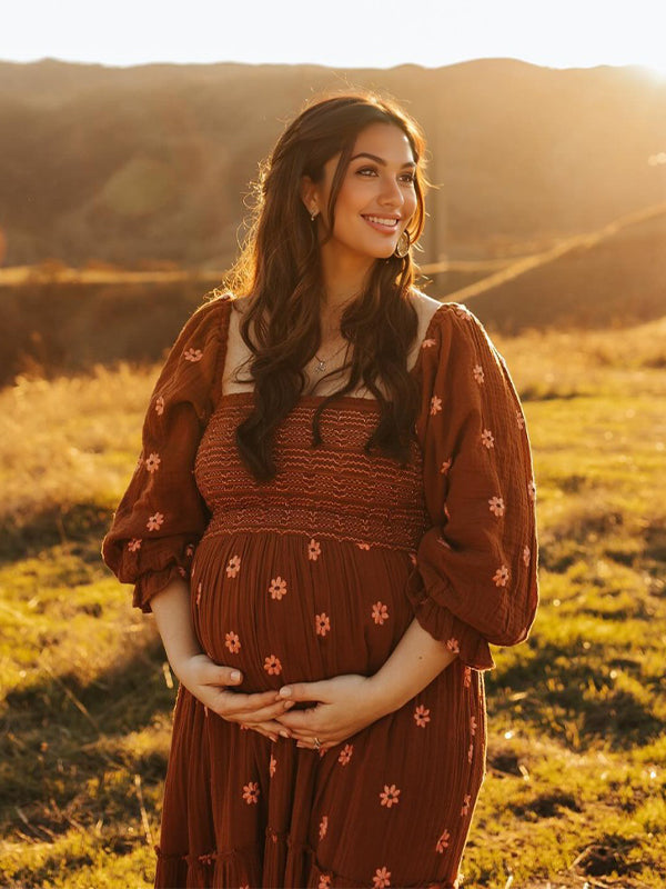 fotobeyou Sun Flowers Square Smocked Neck Puff Sleeve Big Swing Flowy Baby Shower Photoshoot Maternity Maxi Dress