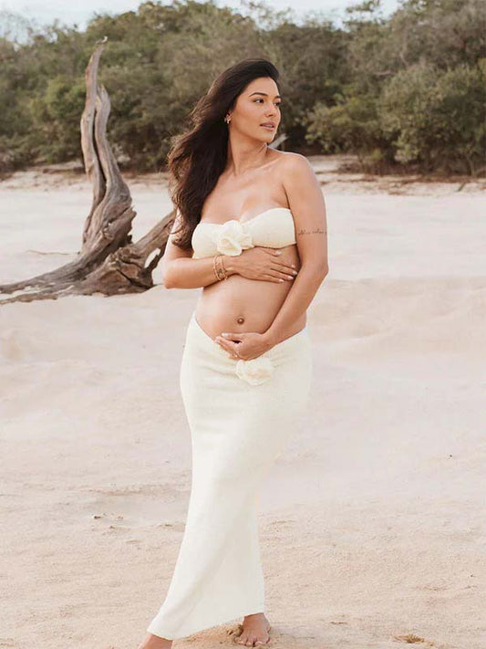 Beige 2-in-1 3D Flowers Knit Backless Photoshoot  Maternity Maxi Dress