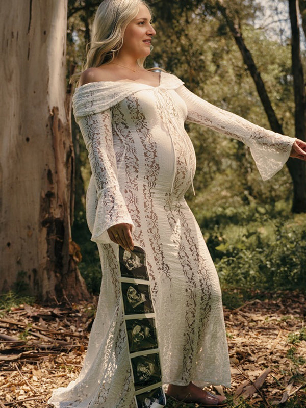 fotobeyou White Off Shoulder Lace Bandeau Tie Front Mermaid Plus Size Photoshoot Maternity Maxi Dress