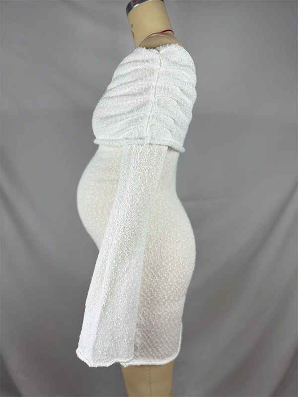 fotobeyou White Solid Color Off Shoulder Knit Bodycon Beach Vacation Photoshoot Baby Shower Maternity Maxi Dres