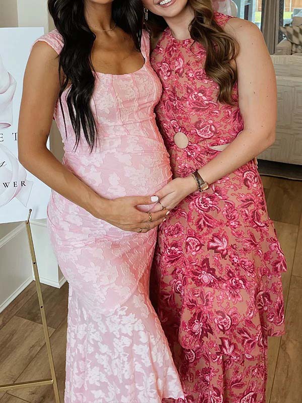 fotobeyou Pink Lace Ruched Corset High-low Tank Mermaid Elegant Cocktail Gown Maternity Baby Shower Maxi Dress