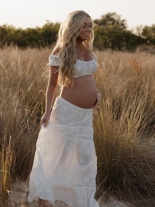 fotobeyou White 2-in-1 Lace Cut Out Off Shoulder Tie Elegant Flowy Vacation Photoshoot Maternity Maxi Dress
