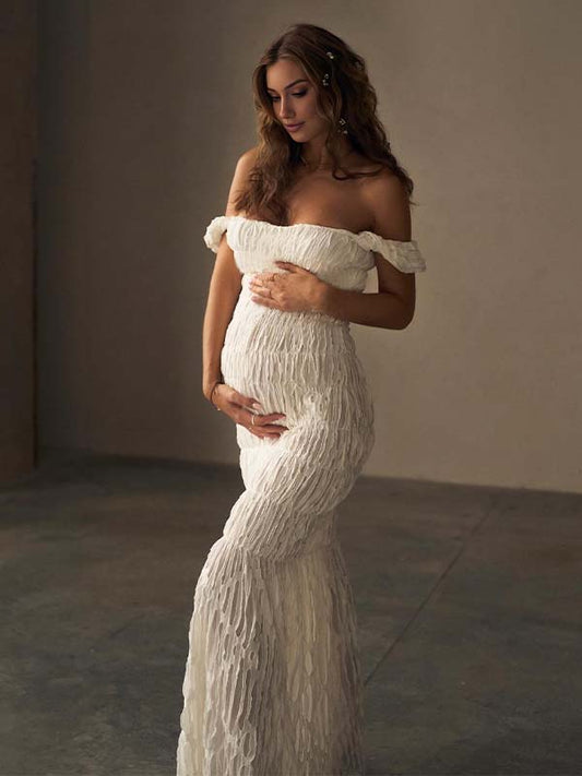 fotobeyou Off Shoulder Smocked Ruched Hollow Out Sheer Photoshoot Maternity Maxi Dress