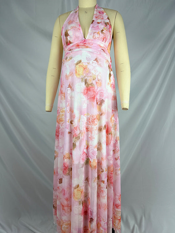 Pink Floral Ruched Backless Chic Maternity Baby Shower Maxi Dress