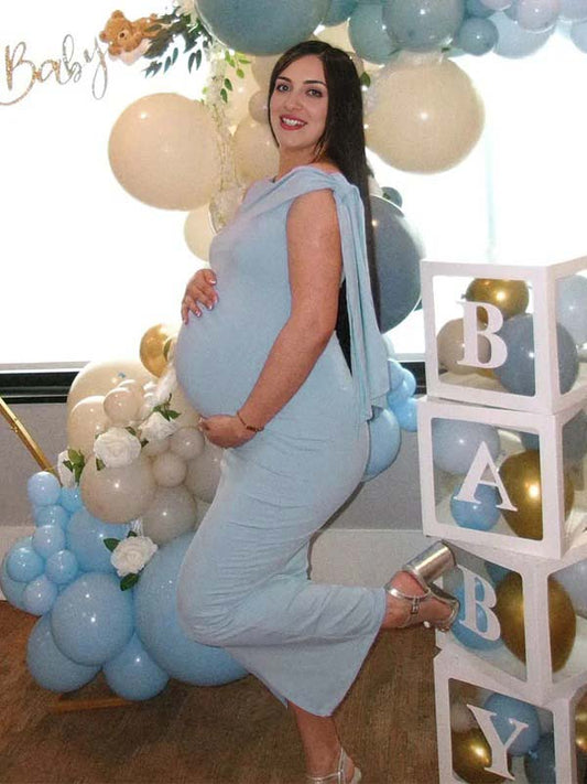 Blue Bowknot One Shoulder Elegant Maternity Baby Shower Maxi Dress