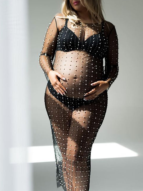 fotobeyou Mesh Solid Color Beading Pearl Rhinestone Long Sleeve Cover-ups Side Slit Photoshoot Maternity Maxi Dress
