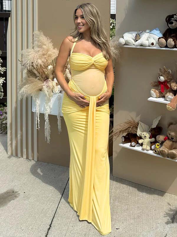 fotobeyou Mesh Ruched Draped Halter Neck Backless Maternity Maxi Dress