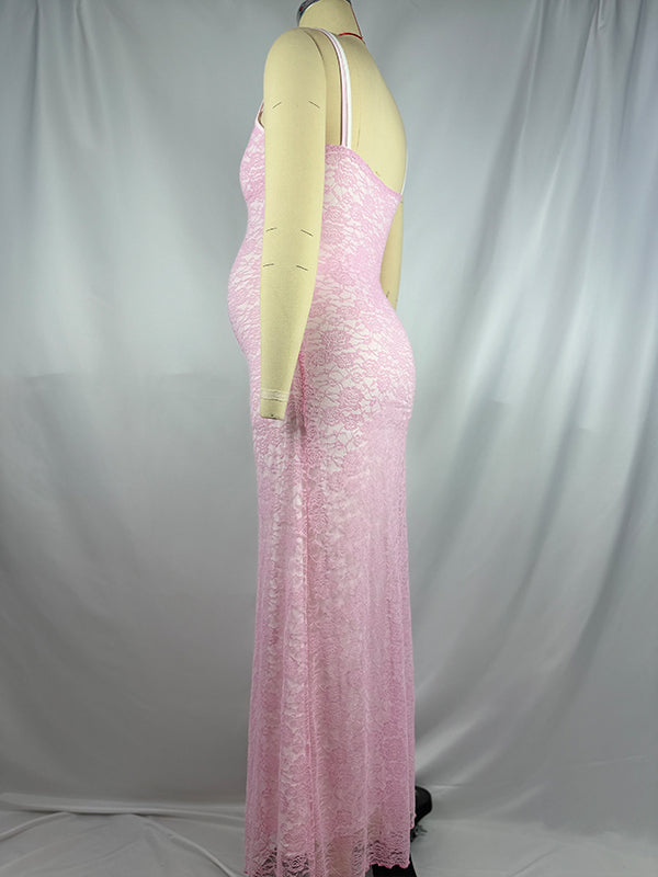 fotobeyou Pink Hit Color Lace Cami Elegant Maternity Maxi Dress