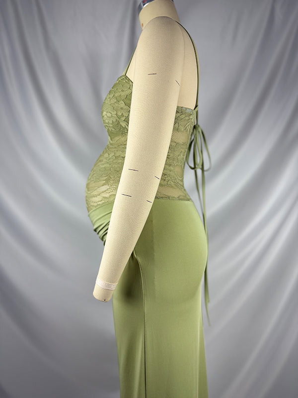 Green Lace Ruched Cami Elegant Maternity Photoshoot Maxi Dress