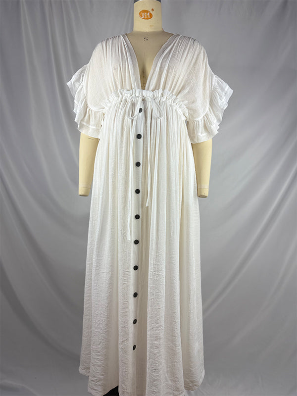 fotobeyou White Deep V-neck Button Down Boho Plus Photoshoot Maternity Maxi Dress