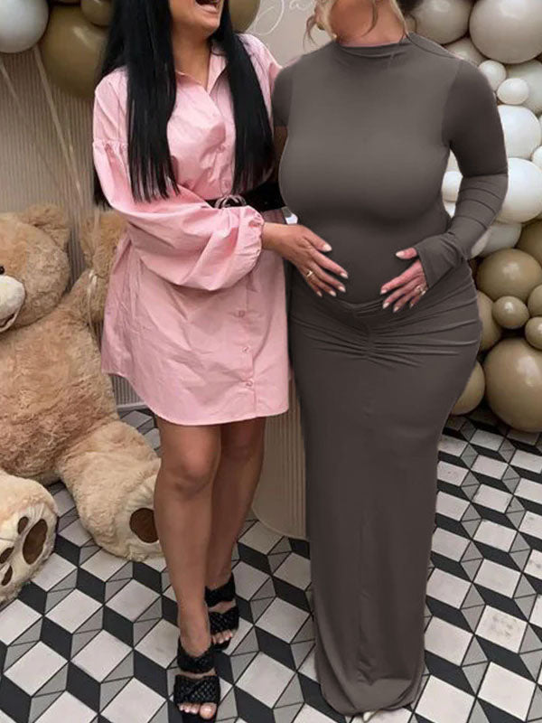 fotobeyou Solid Color Ruched High Neck Long Sleeve Bodycon Basic Going Out Elegant Maternity Baby Shower Maxi Dress
