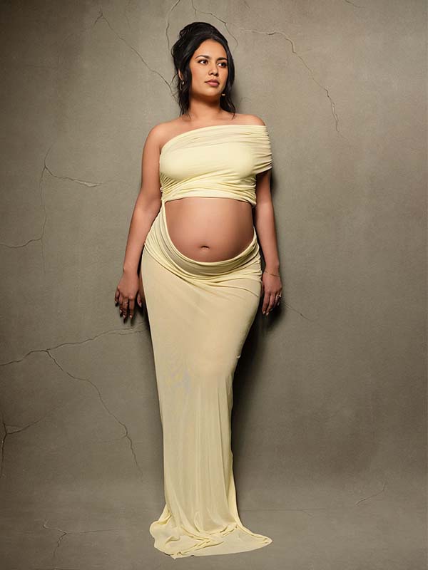 fotobeyou 2-in-1 One Shoulder Side Slit Grenadine Sheer Photoshoot Maternity Maxi Dress