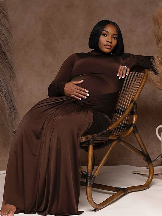 fotobeyou Belt Splicing Ruched Draped Bodycon Mermaid Photoshoot Maternity Maxi Dress
