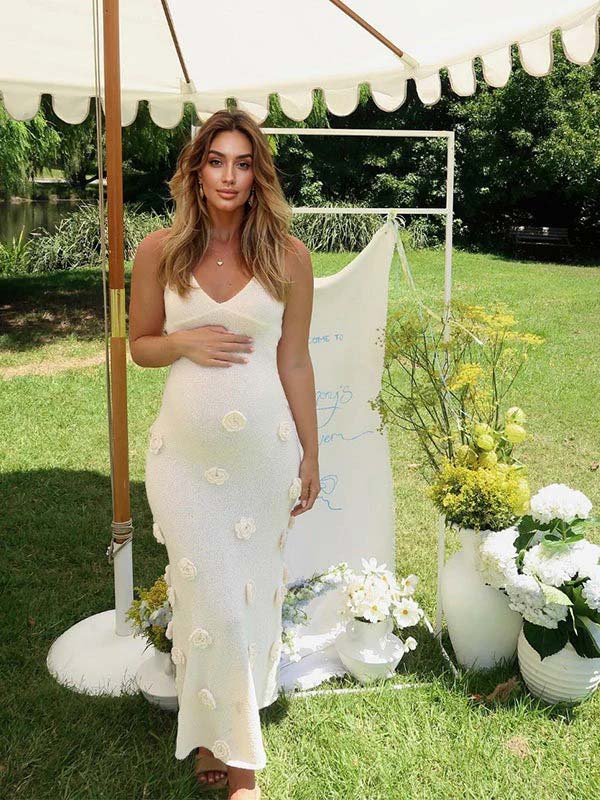 White Spaghetti Strap Backless 3D Flowers Maternity Maxi Dress