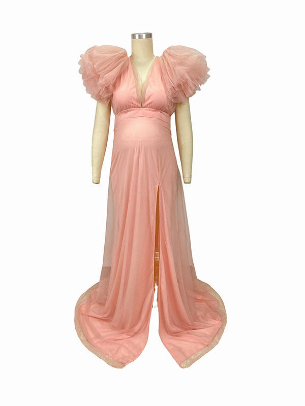 fotobeyou Pink Boho Elegant Ruffle Photoshoot Maternity Dress