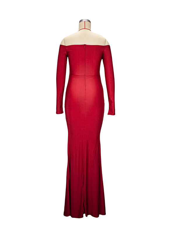 fotobeyou Off Shoulder Long Sleeve Slit Bodycon Solid Baby Shower Party Evening Gown Maternity Maxi Dress