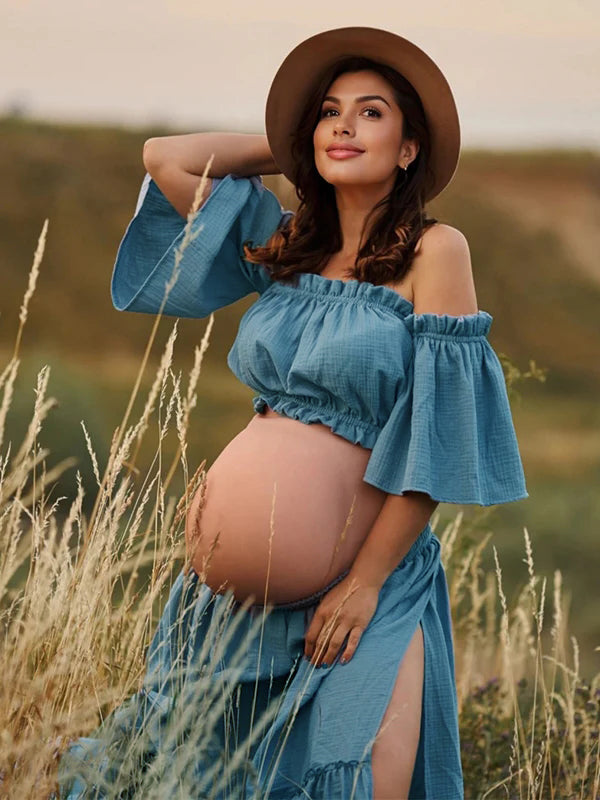 fotobeyou Boho Solid Color Off Shoulder Backless Linen Cotton Ruffle 2-in-1 Crop Cap Sleeve Side Slit Photoshoot Maternity Maxi Dress