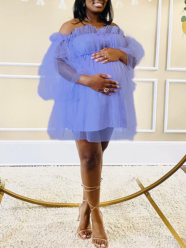 fotobeyou Purple Grenadine Tulle Off Shoulder Ruffle Flare Sleeve Baby Shower Photoshoot Maternity Dress