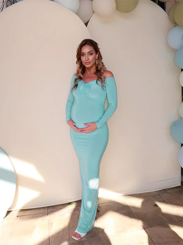 fotobeyou 3D Flower Shoulder Flare Sleeve Mermaid Bodycon Elegant Gender Reveal Baby Shower Maternity Maxi Dress