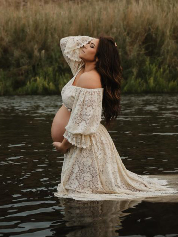 fotobeyou Boho Lace Off Shoulder Lace Tassel Crop 2-in-1 Side Slit Ruffle Photoshoot Maternity Maxi Dress