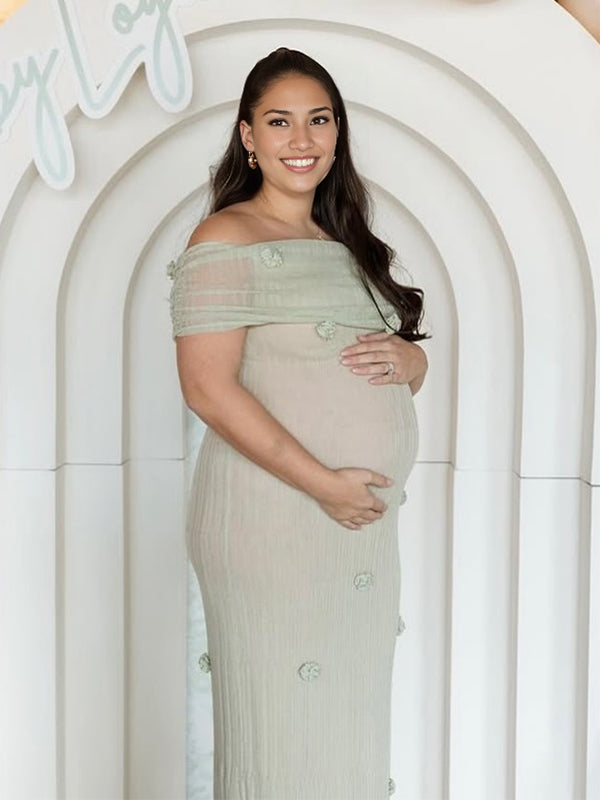 Matcha 3D Flowers Off Shoulder Plus Size Baby Shower Maternity Maxi Dress