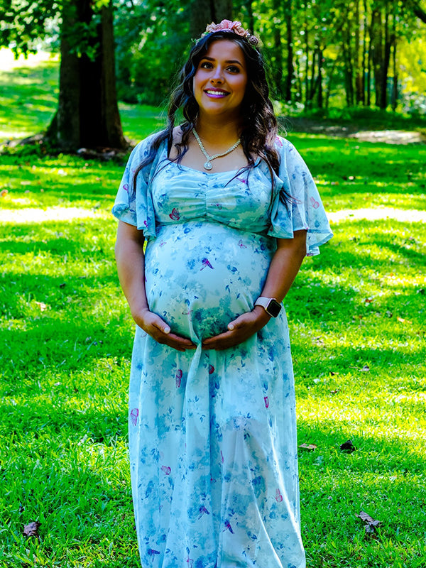 Fotobeyou Ruched Flutter Sleeve Print Maternity Photoshoot Maxi Dress