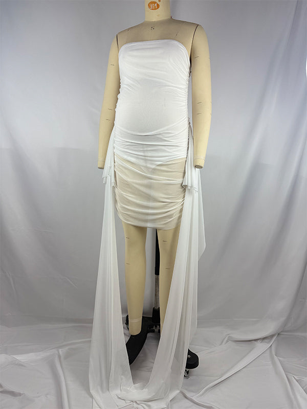 fotobeyou White Tube Sheer Grenadine Draped Baby Shower Maternity Mini Dress