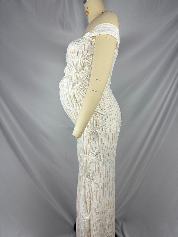 fotobeyou Off Shoulder Smocked Ruched Hollow Out Sheer Photoshoot Maternity Maxi Dress