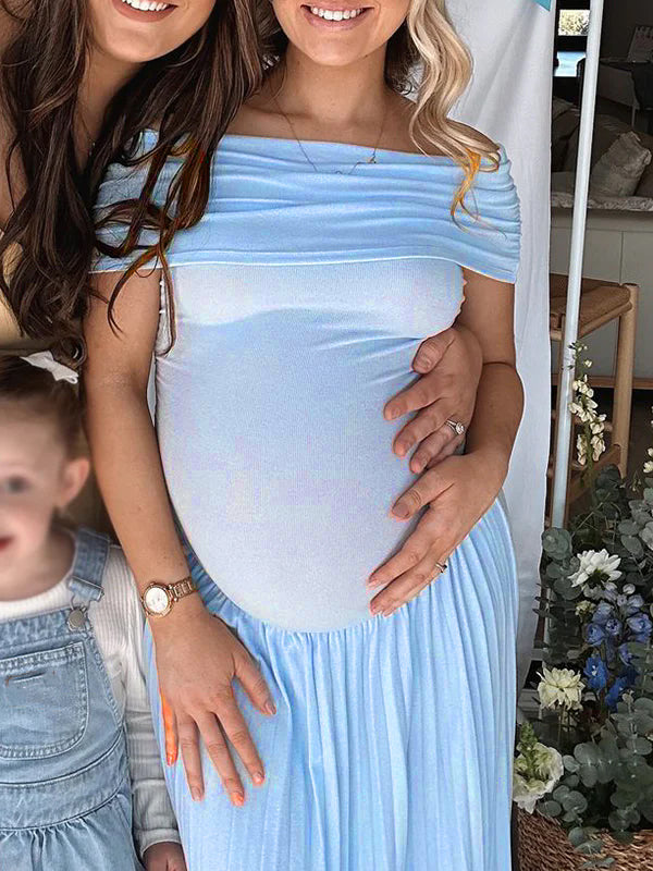 fotobeyou Solid Color Ruched Pleated Off Shoulder Big Swing Elegant Cocktail Party Maternity Photoshoot Baby Shower Maxi Dress