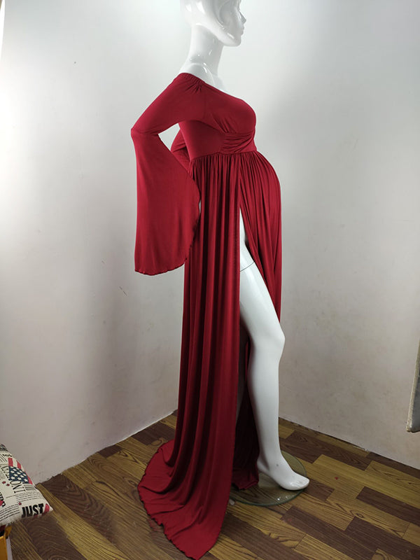 fotobeyou Solid Off Shoulder V-neck Slit Flare Sleeve Party Long Train Gown Maternity Photoshoot Maxi Dress