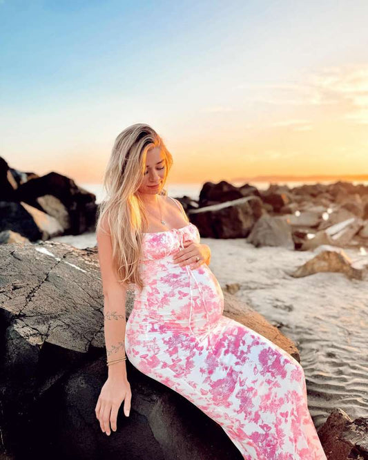 fotobeyou Pink Crushed Flower Spaghetti Strap lace-up Ruched Banquet Party Baby Shower Maternity Photoshoot Maxi Dress