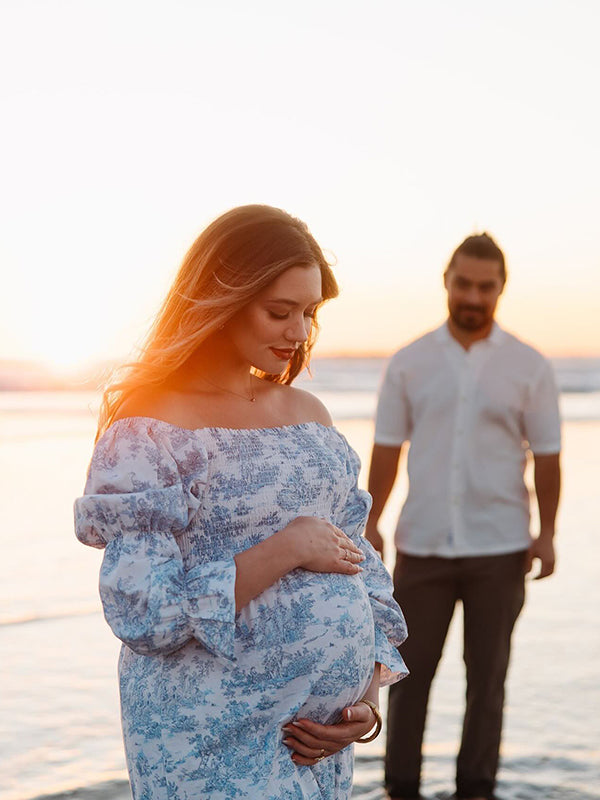 fotobeyou Ruffle Ruched High Waist Puff Sleeve Cute Photoshoot Maternity Maxi Dress