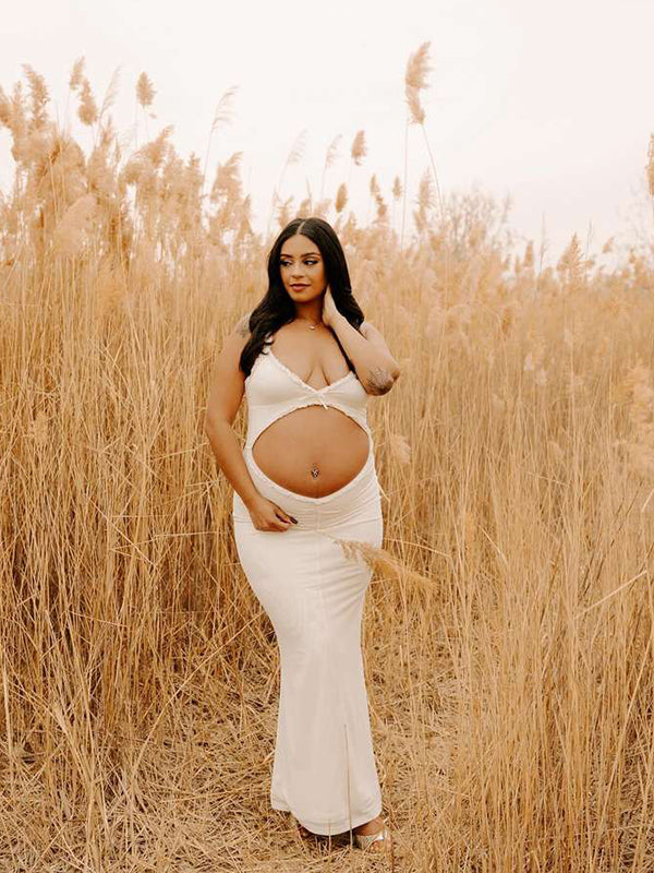 fotobeyou White Spaghetti Strap Backless Ruffle Crop Bodycon Cocktail Party Gown Photoshoot Maternity Maxi Dress