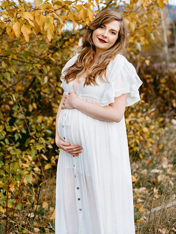 White Deep V Neck Button Down Boho Beach Bikini Cover Up Dress Party Photoshoot Maternity Dress