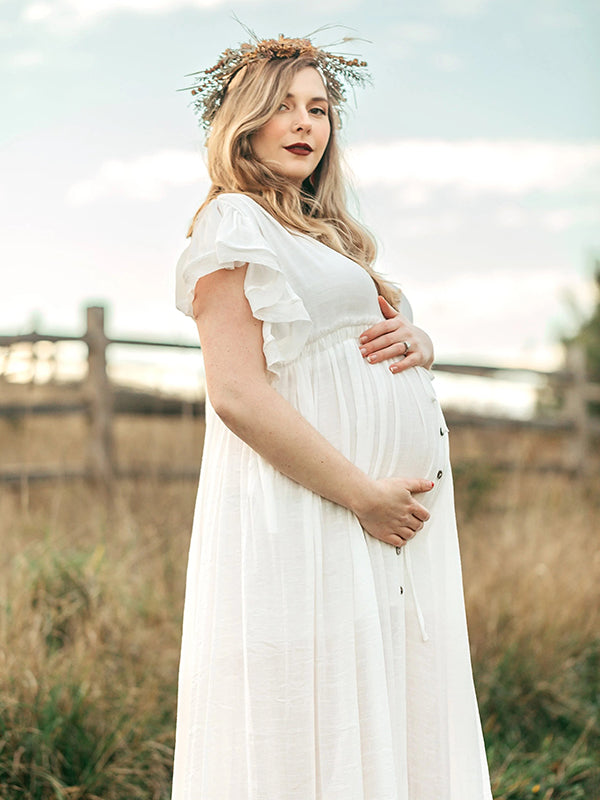 fotobeyou White Deep V Neck Button Down Boho Beach Bikini Cover Up Dress Party Photoshoot Maternity Dress