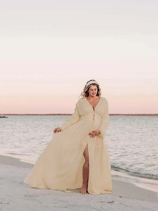 fotobeyou Ivory White Single Breasted Open Front Big Swing Deep V-neck Robe Elegant Wedding Gown Maternity Boho Photoshoot Baby Shower Maxi Dress