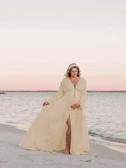 fotobeyou Ivory White Single Breasted Open Front Big Swing Deep V-neck Robe Elegant Wedding Gown Maternity Boho Photoshoot Baby Shower Maxi Dress