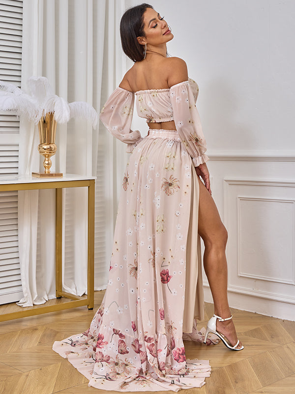 fotobeyou Two Piece Boho Flower Printing Off Shoulder Chiffon Crop Bandeau Photoshoot Maternity Maxi Dress