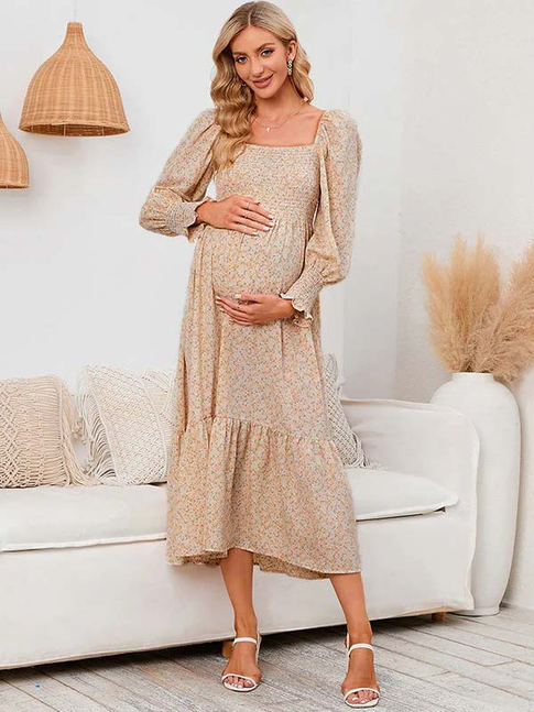 fotobeyou Chiffon Floral Print Ruffle High Waist Boutique Holiday Sweet Maternity Maxi Dress