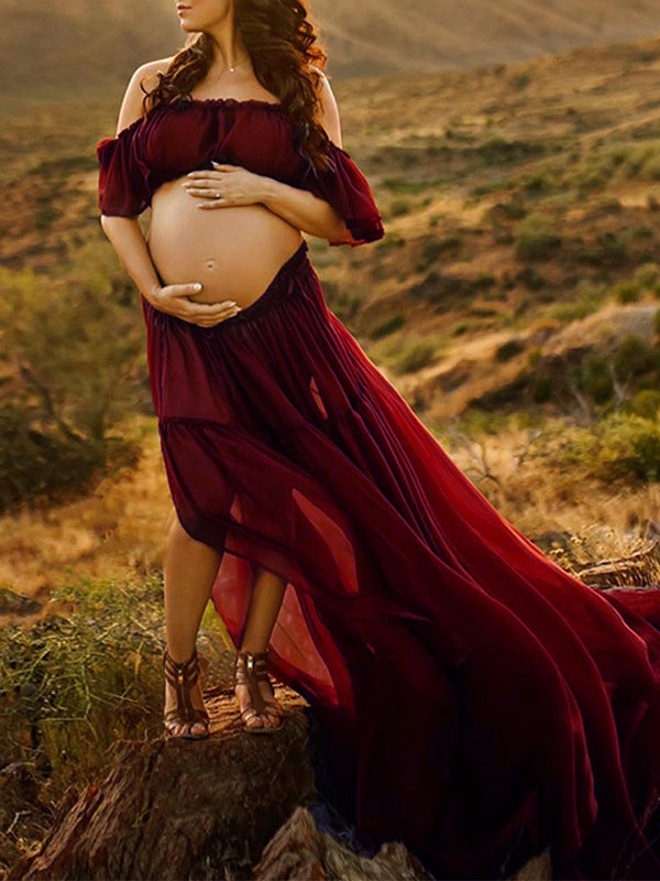 fotobeyou Solid Color Bohemian Off Shoulder Backless Ruffle 2 piece set Photoshoot Maternity Maxi Dress