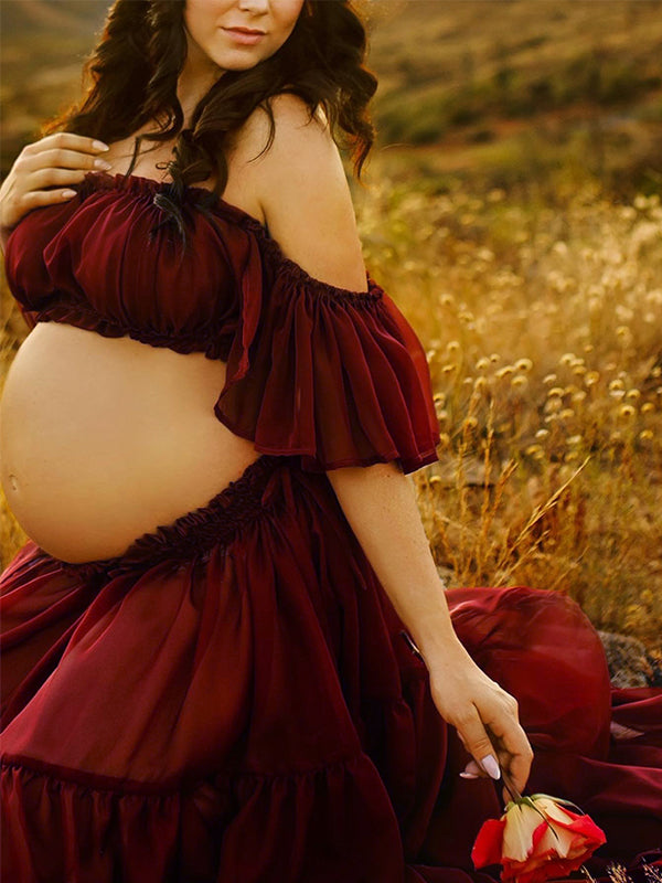 fotobeyou Solid Color Bohemian Off Shoulder Backless Ruffle 2 piece set Photoshoot Maternity Maxi Dress