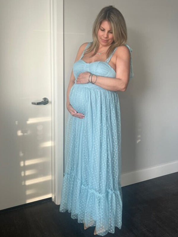 fotobeyou Solid Color Tulle Spaghetti Strap Backless Ruffle Lace-up Grenadine Photoshoot Gown Baby Shower Maternity Maxi Dress