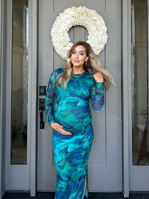 fotobeyou Bleach Band Ruched Side Slit Bodycon Long Sleeve Fashion Going Out Gowns Baby Shower Maternity Maxi Dress