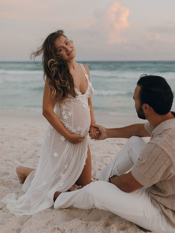 fotobeyou Cut Out Lace Patchwork V-Neck Sheer Side Slit Sleeveless Photoshoot Maternity Maxi Dress
