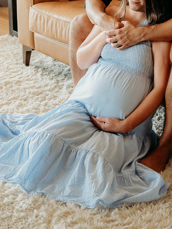 Fotobeyou Sky Blue Oblique Shoulder Smocked Striped Maternity Photoshoot Maxi Dress